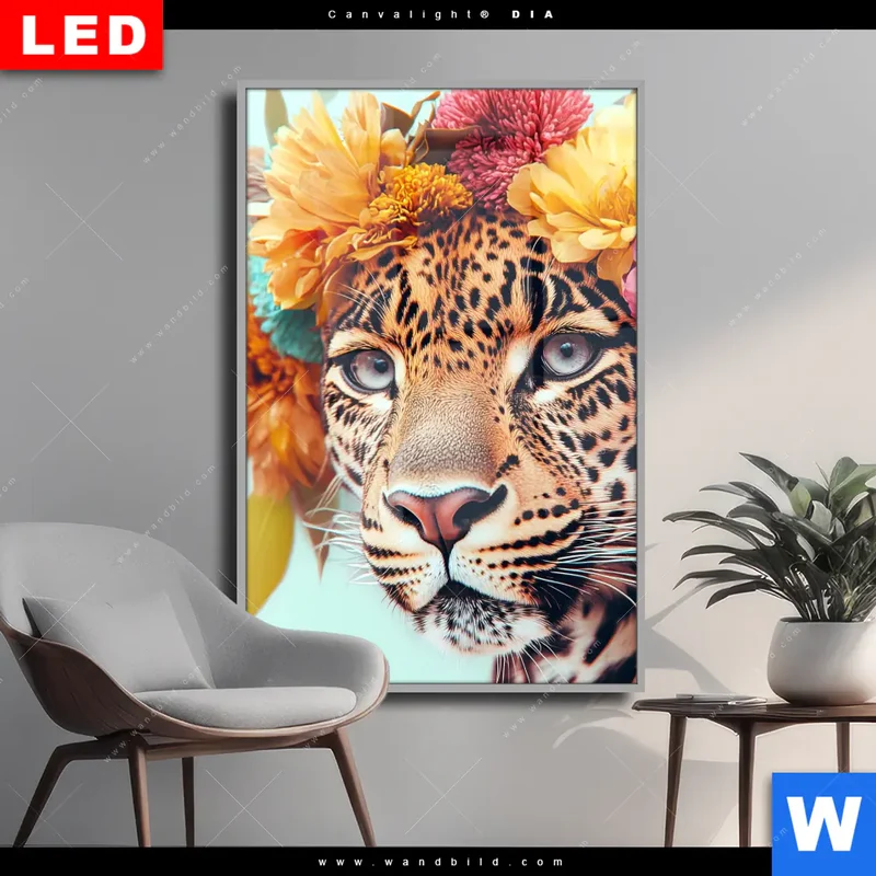 Wechselmotiv Acrylglas Canvalight® DIA | Leopard mit Blütenkranz | Hochformat