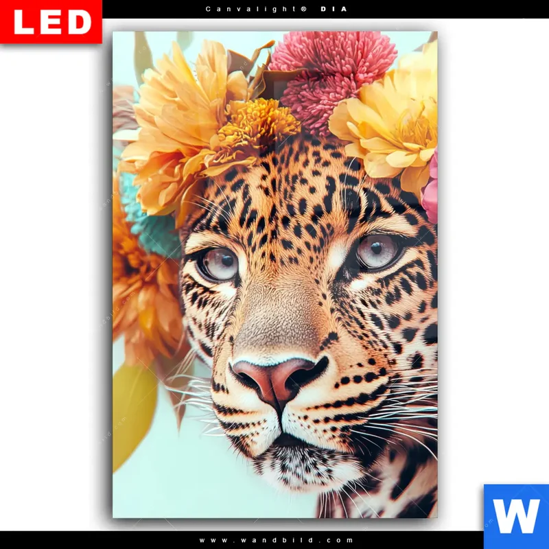 Wechselmotiv Acrylglas Canvalight® DIA | Leopard mit Blütenkranz | Hochformat
