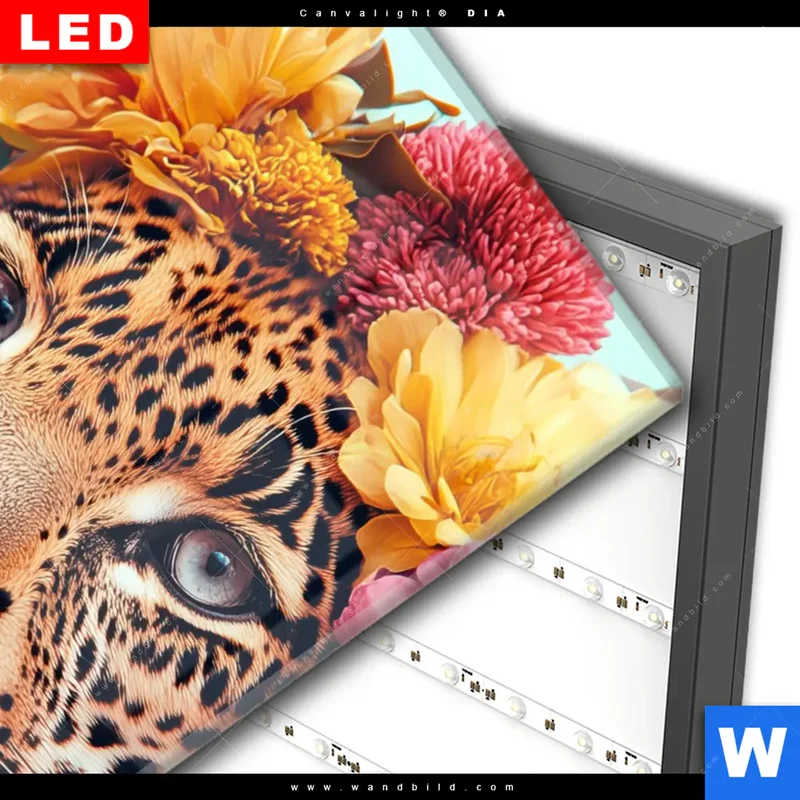 Wechselmotiv Acrylglas Canvalight® DIA | Leopard mit Blütenkranz | Hochformat