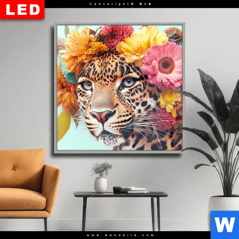Wechselmotiv Acrylglas Canvalight® DIA | Leopard mit Blütenkranz | Quadrat