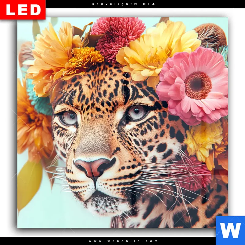 Wechselmotiv Acrylglas Canvalight® DIA | Leopard mit Blütenkranz | Quadrat