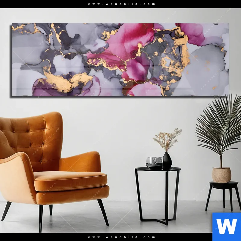 Acrylglasbild | Farbfluss in Purpur und Gold | Panorama