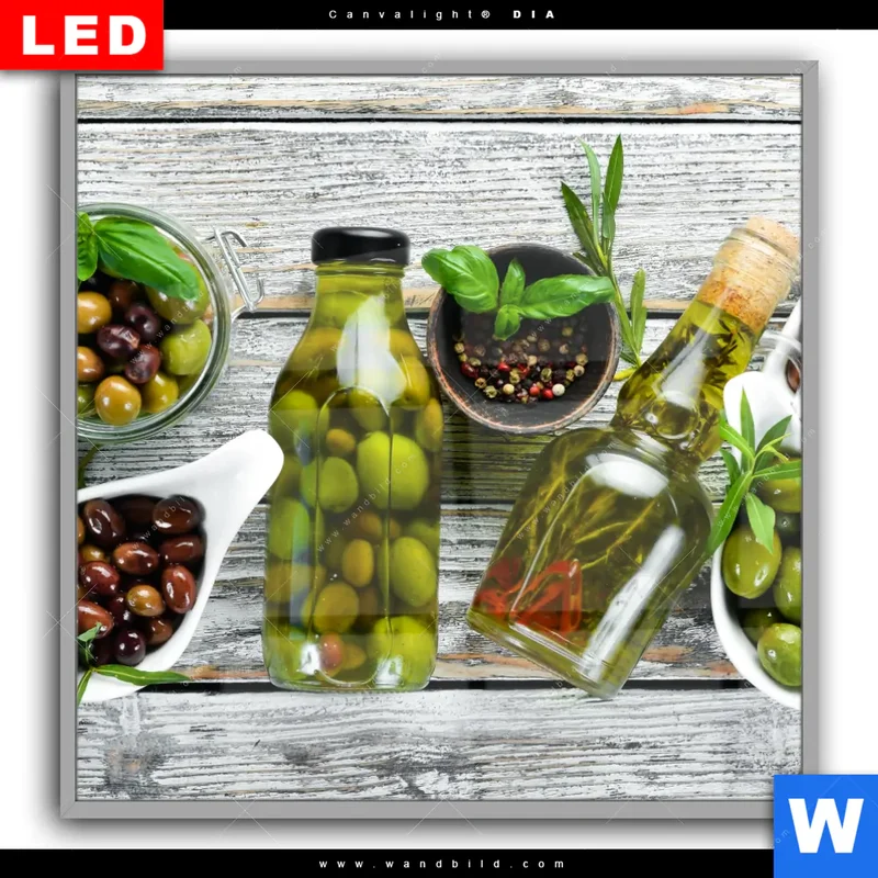 Leuchtbild Acrylglas Canvalight® DIA | Mediterrane Olivenvielfalt | Quadrat