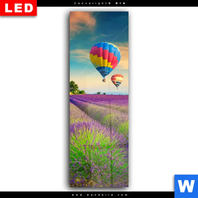 Wechselmotiv Acrylglas Canvalight® DIA | Heißluftballons über violetten Feldern | Schmal