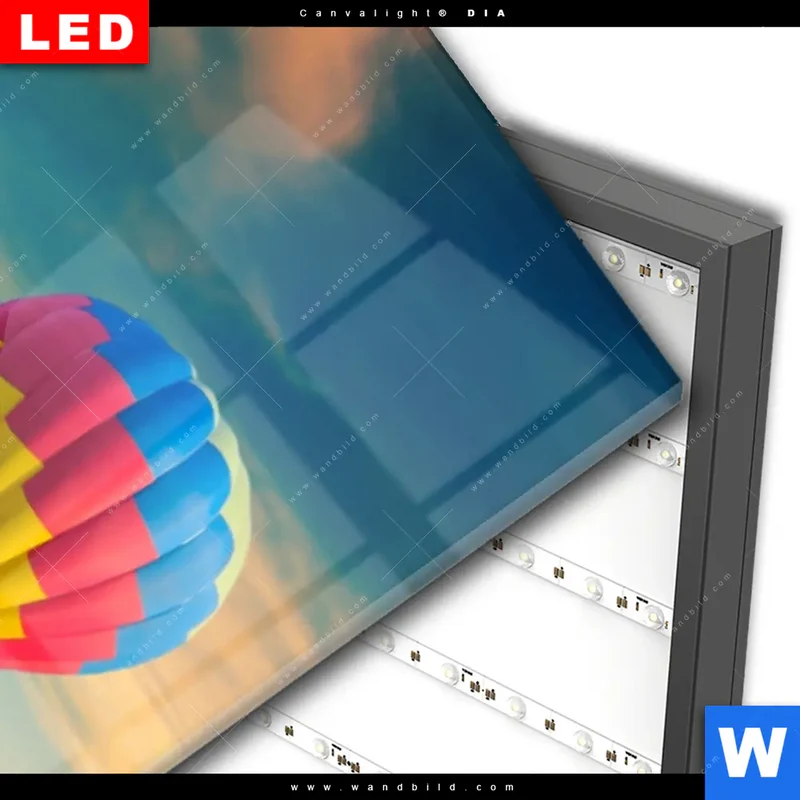 Wechselmotiv Acrylglas Canvalight® DIA | Heißluftballons über violetten Feldern | Schmal