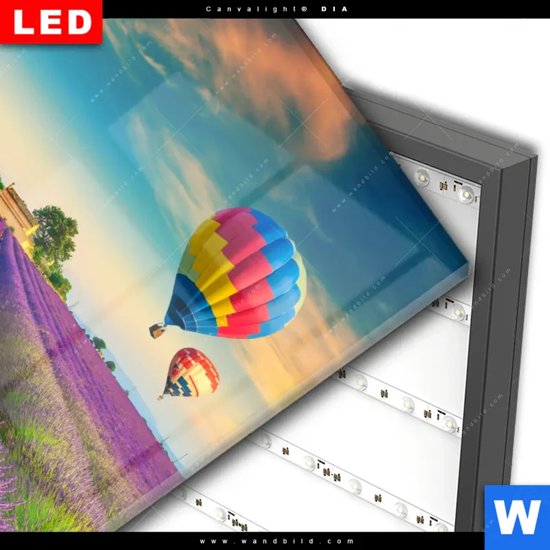 Wechselmotiv Acrylglas Canvalight® DIA | Heißluftballons über violetten Feldern | Hochformat