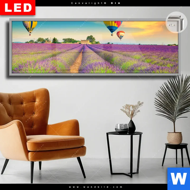 Leuchtbild Acrylglas Canvalight® DIA | Heißluftballons über violetten Feldern | Panorama