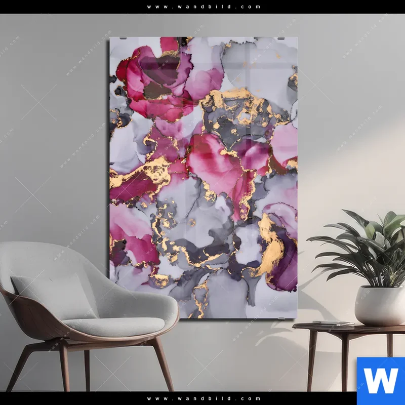 Acrylglasbild | Farbfluss in Purpur und Gold | Hochformat
