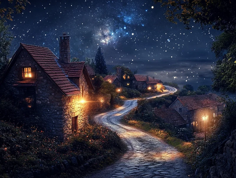 Village Road Beneath Soft Stars
