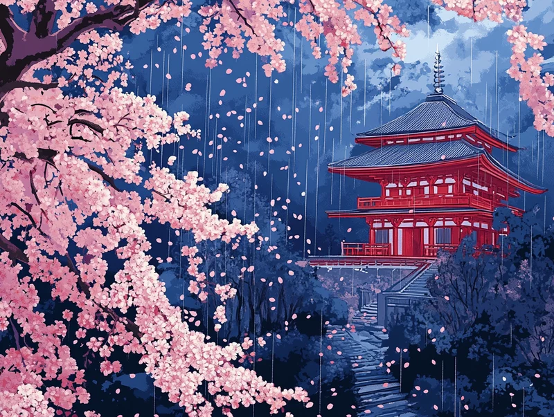 Cherry Blossom Rain Over a Pagoda