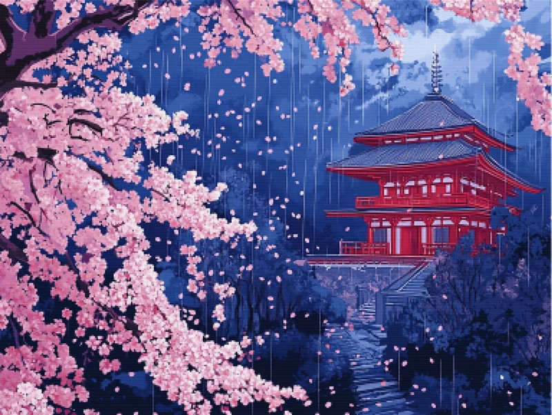 Cherry Blossom Rain Over a Pagoda