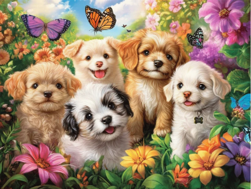 Garden of Playful Puppies