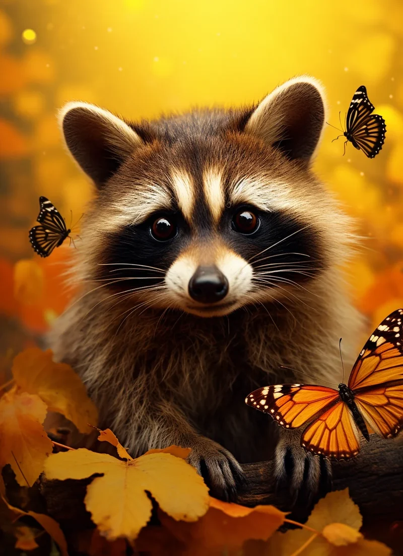 Butterflies Raccoon In Leaves Diamond Art Kit