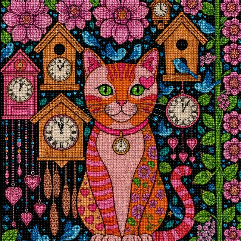 Abstract Cat and Cuckoo Clocks Diamond Art Kit