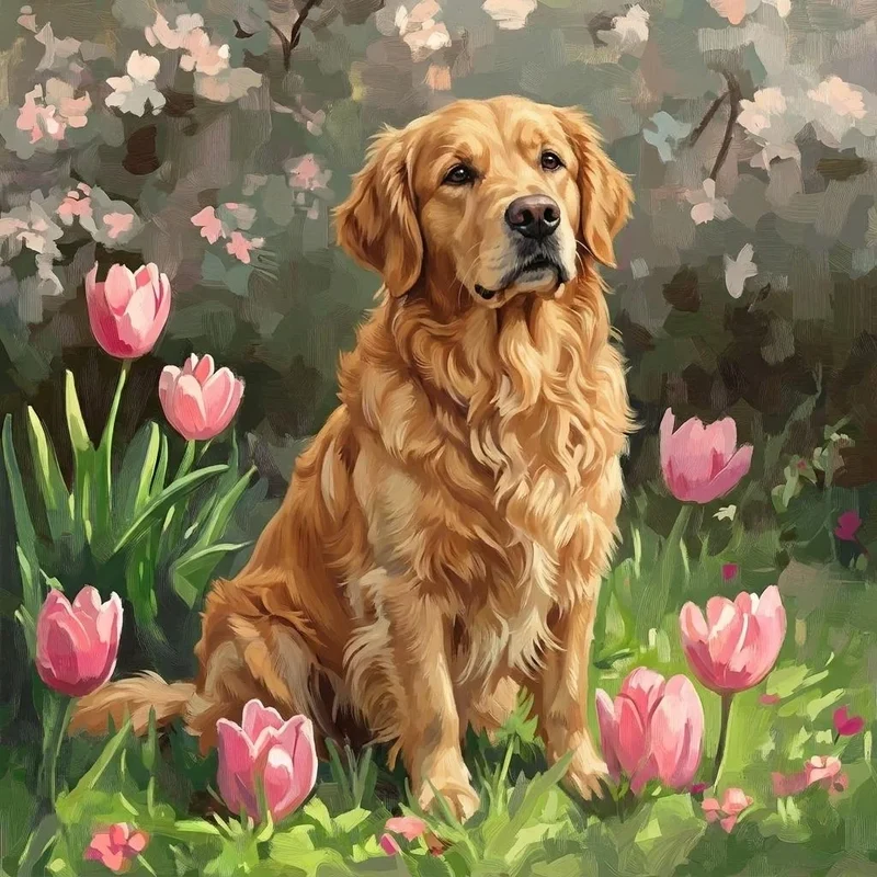 Pink Tulips and Golden Retriever Diamond Art Kit