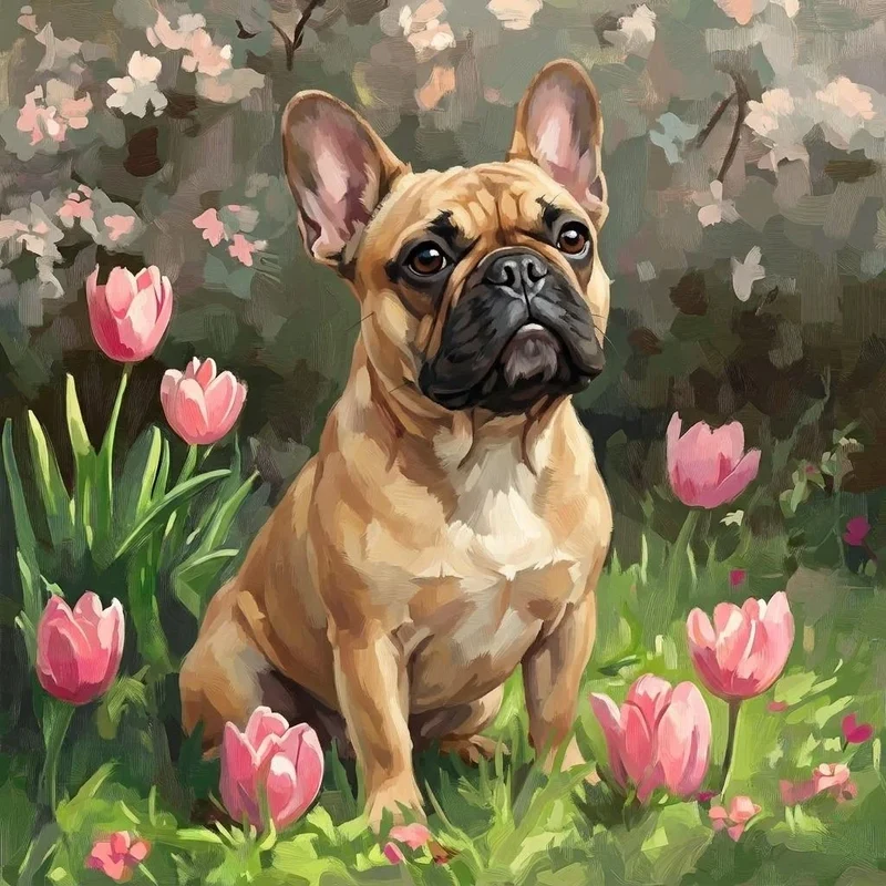 Pink Tulips and French Bulldog Diamond Art Kit