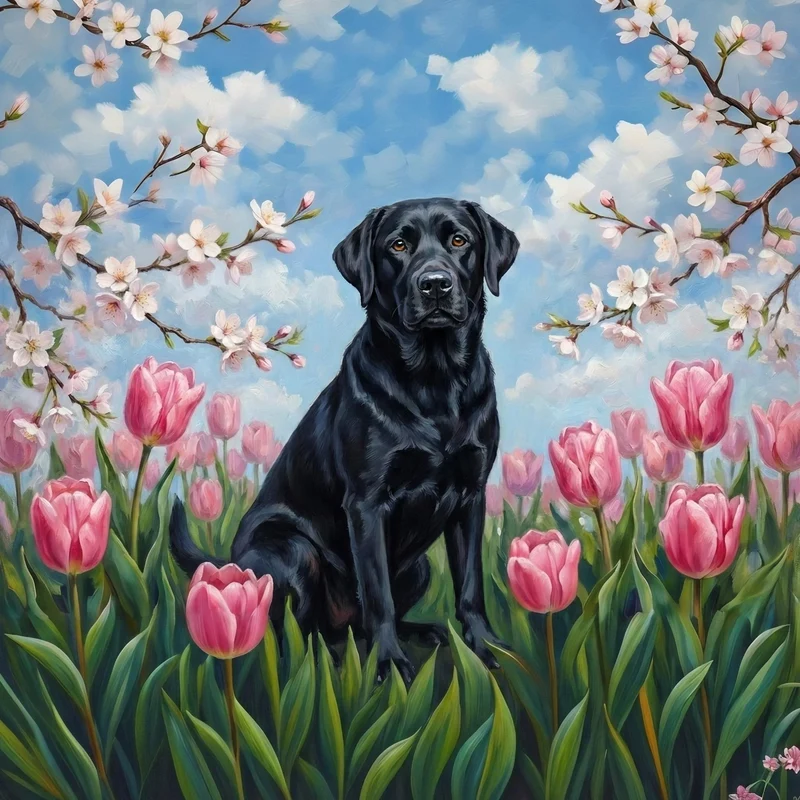 Pink Tulip Black Labrador Retriever Diamond Art Kit